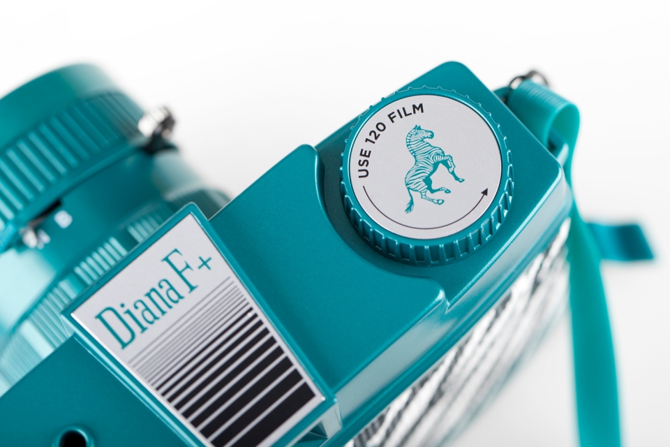 Die Oberseite und der Rückspulknopf der Diana F+ Zebra