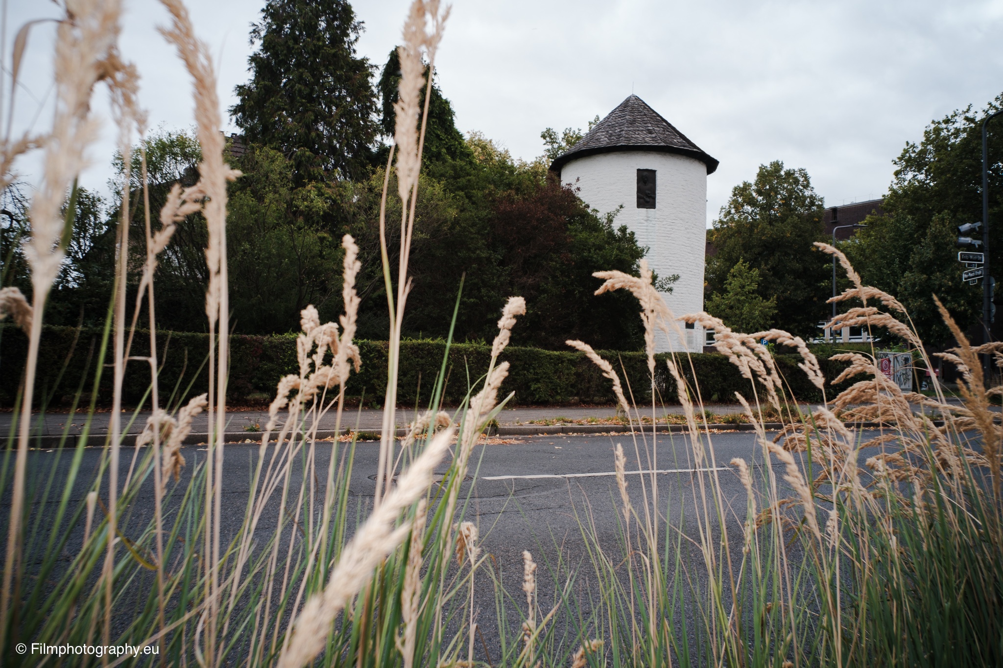 Hohes trockenes Gras im Vordergrund mit Blick auf leere Straße und historischen weißen Rundturm unter bewölktem Himmel
