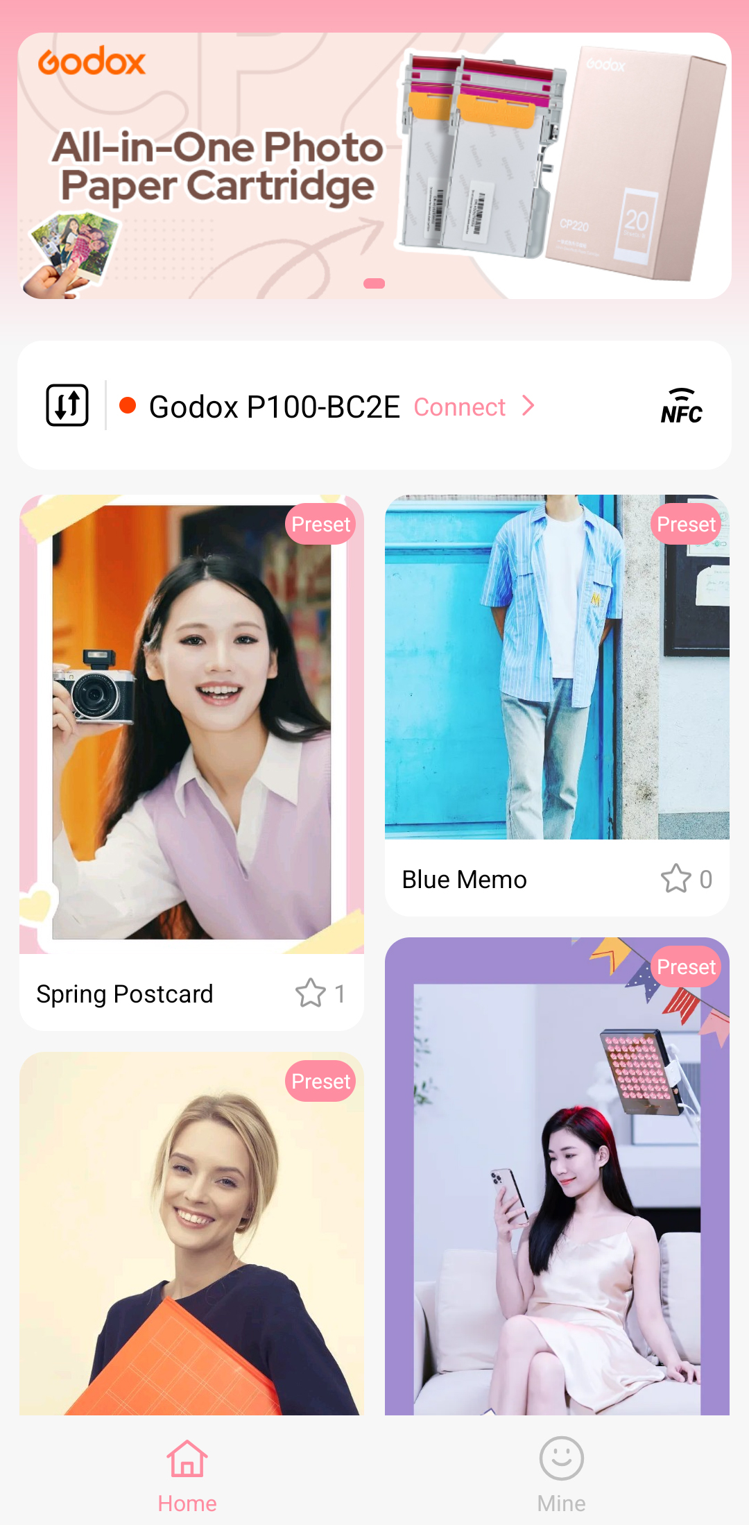 Bildschirm der Godox P100 Drucker-App mit der Option Godox P100-BC2E verbinden, Banner für Fotopapierpatrone und Voreinstellungsfoto