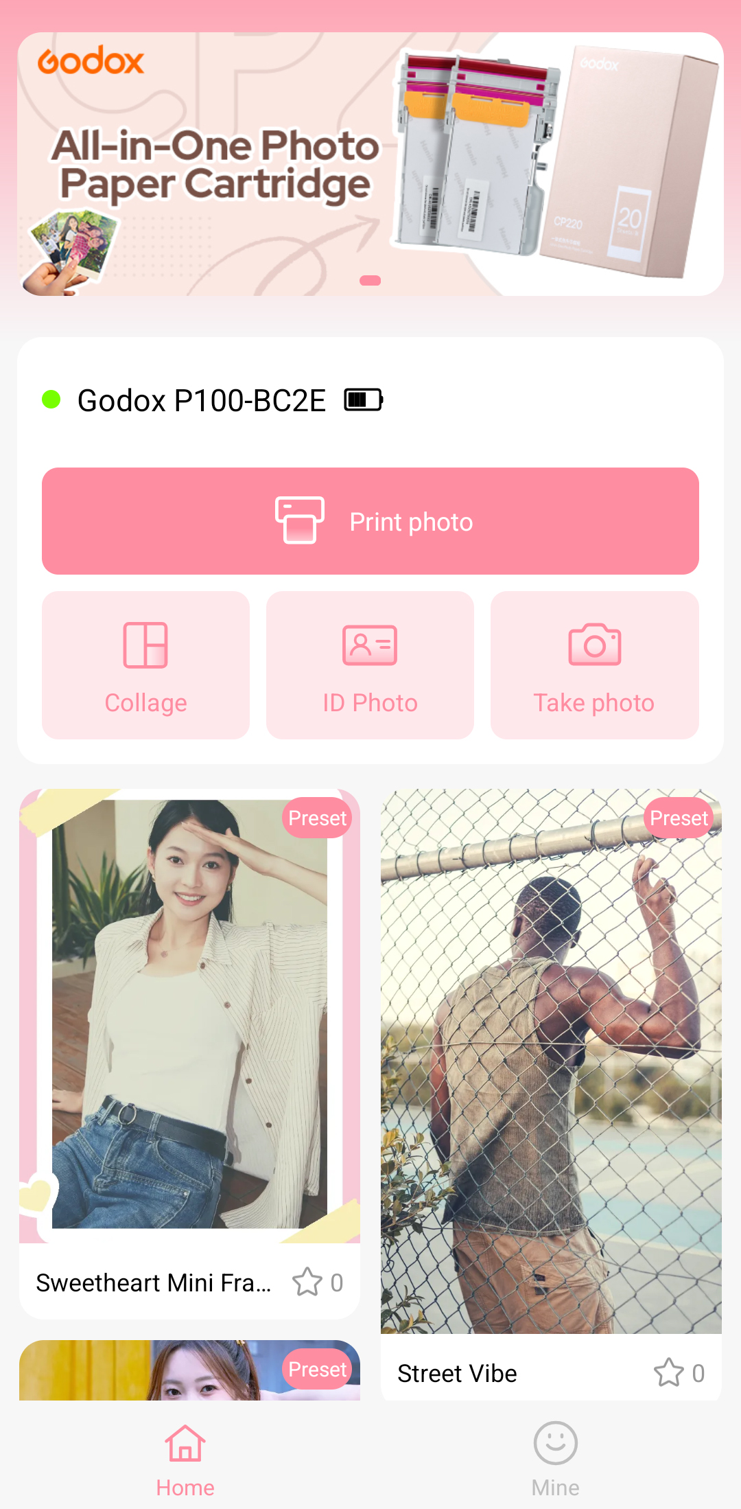 Screenshot der Godox P100 Drucker-App mit verbundenem P100-BC2E und den Optionen Print photo, Collage, ID Photo und Take photo